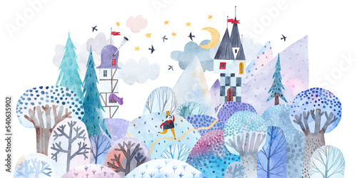 Wallpaper Mural Winter landscape. Watercolor illustration. Children's poster. Fairytale winter landscape. Torontodigital.ca