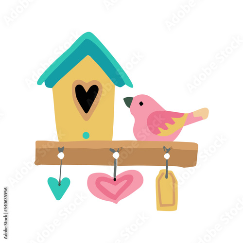decorative birdhouse with hearts on the white background