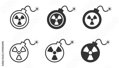 Bomb icon set with a radiation sign. Bomb with nuclear symbol. Vector illustration.