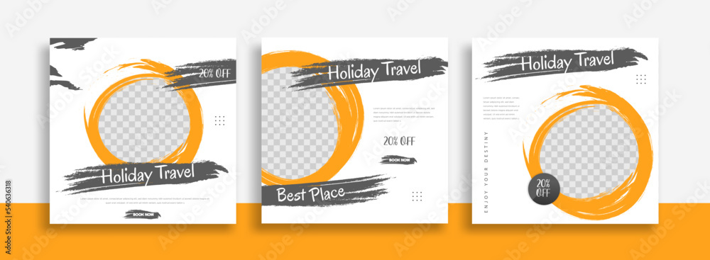 Travel Set of Editable minimal square banner template. black yellow white background color with geometric shapes for social media post, story and web internet ads. Vector illustration