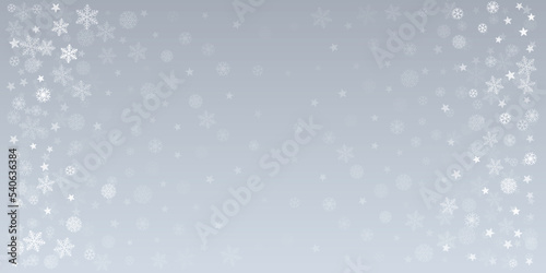 Christmas snow vector background. Falling snowflakes transparent decoration. New Year Holidays greeting card backdrop.
