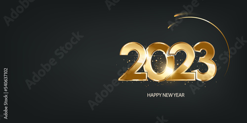 Happy new year 2023 background. Shiny golden numbers with confetti on black background.Holiday greeting card design. 