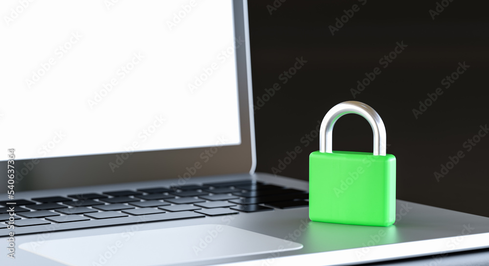 3D illustration. Closed green padlock on a laptop. 3D illustration. Closed green padlock on a laptop.