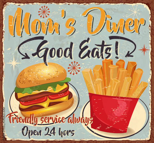 Vintage Mom's Diner metal sign.Retro poster 1950s style.