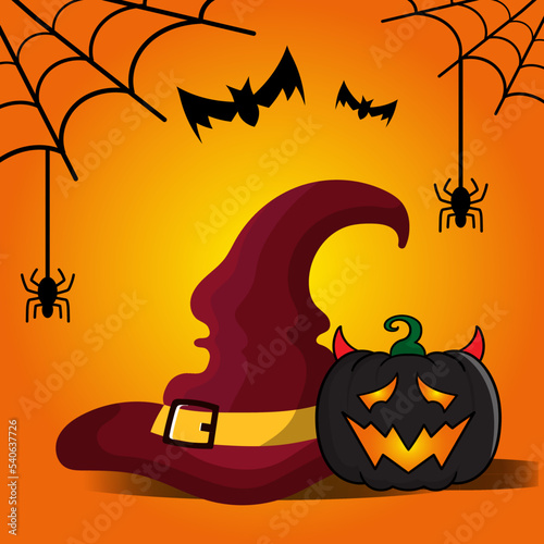 witch hat Halloween background with pumpkin, spiders and bats