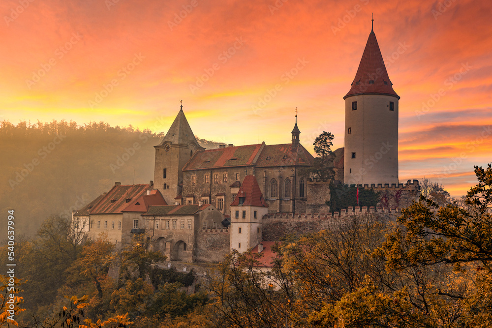 Krivoklat castle at sunset. Autumn evening. Czech Republic.