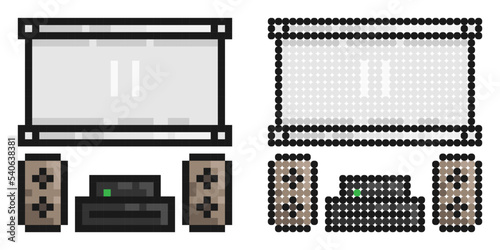 Pixel icon. Home theater with speakers and projector screen. Premium home cinema equipment. Simple retro game vector isolated on white background