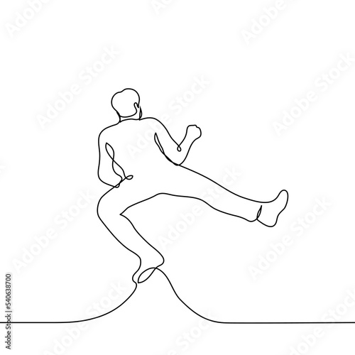 jumping man kicking - one line drawing vector. concept taekwondo or kickboxing training