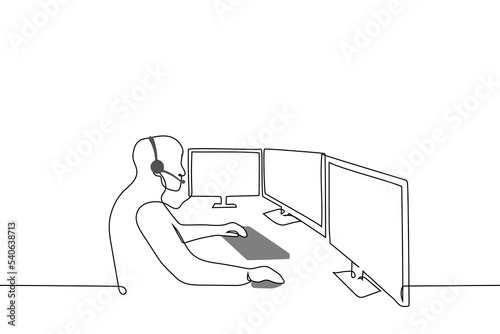 man sitting in front of multiple monitors and wearing headphones with microphone - one line drawing vector. concept call center worker, security guard, freelancer at work