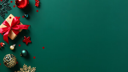 Dark green Christmas background with gift box, baubles, star, snowflakes. Happy New Year banner, Merry Christmas greeting card template.
