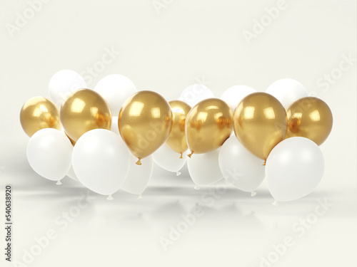 Balloons lined up. A great template for designing a sale or promotion on social networks. Gold and white balloons. 3d rendering.