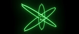 Neon green glowing 3D model of an atom with nucleus, electrons, protons and neutrons orbiting in a circular path, science research isolated on black background