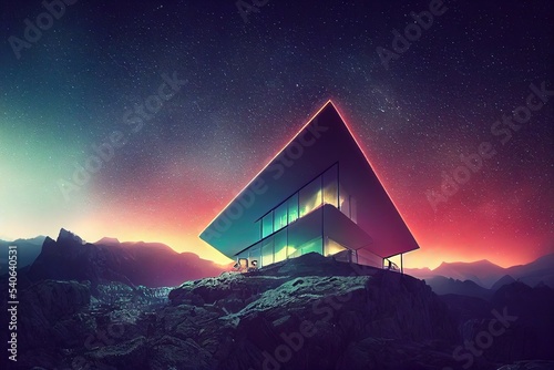 A modern neon house on top of a mountain  at night  with bright lighting  starry sky 