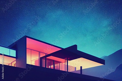 A modern neon house on top of a mountain, at night, with bright lighting, starry sky  © ZenArt
