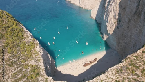 Overhead View Of Shipwreck Boat Panagiotis On The Cove Of Zakynthos Island, Greece. Aerial Drone Shot photo