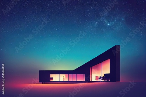 A modern neon house on top of a mountain, at night, with bright lighting, starry sky 