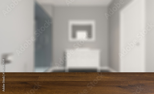 Scandinavian bathroom, classic vintage interior design. 3D rend. Background with empty wooden table. Flooring.