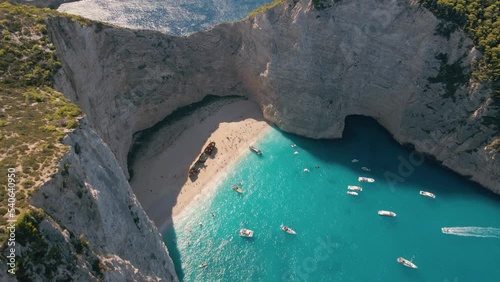 Tourist Attraction With Shipwreck Boat Panagiotis Lying On White Sand Secluded Beach In Zakynthos Island, Greece. Aerial Drone Shot photo