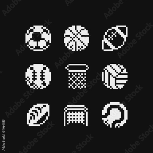 Sports balls set, emoji. Basketball. Old school computer graphic design. Pixel art 1-bit style. Isolated vector illustration. Design for logo and app. Game assets.