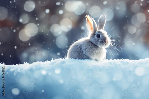 Rabbit on falling snow background © vuang