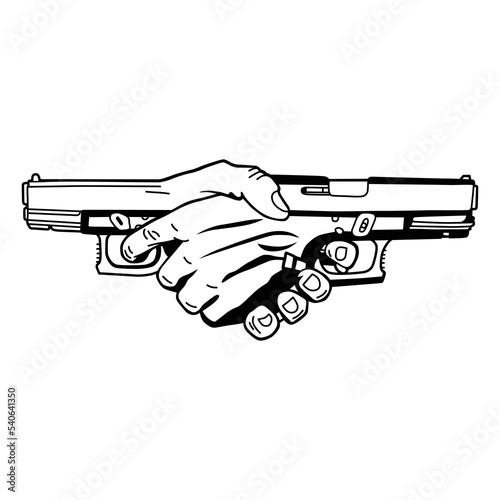 shake hands with the gun.vector illustration.hand drawn picture isolated on white background.modern typography design perfect for t shirt,poster,banner,tattoo,etc.linear style.
