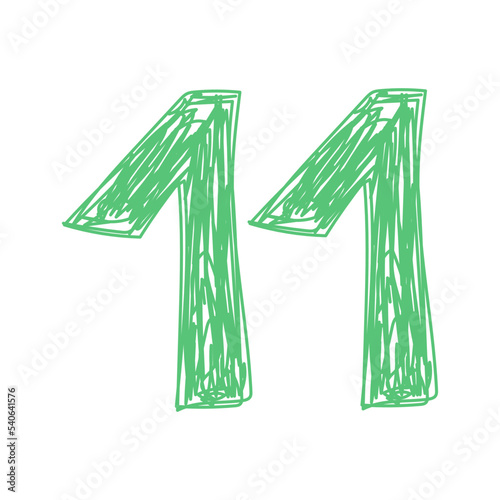 Number 11. Hand drawn line sketch digit. Children's drawing