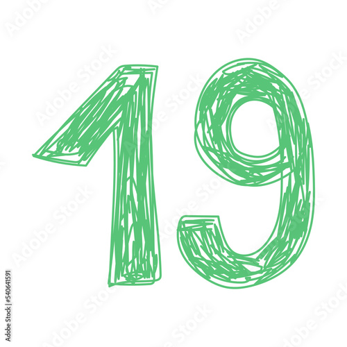 Number 19. Hand drawn line sketch digit. Children's drawing