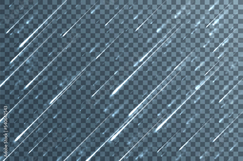 Rain effect on transparent background. Realistic streaks of slanting rain template.