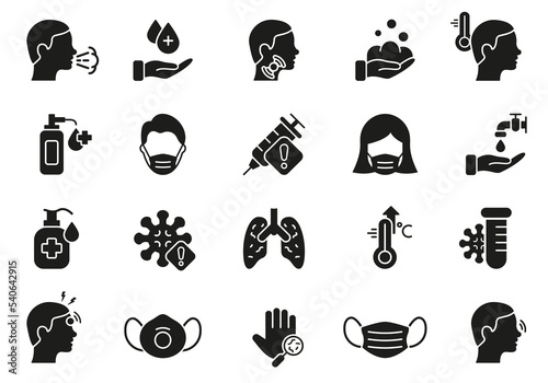 Health Care Infographic for Coronavirus Pandemic Silhouette Icon Set. Precaution Coronavirus Pictogram. Warning Corona Pandemic Hygiene Symbol. Healthcare and Safety. Isolated Vector Illustration