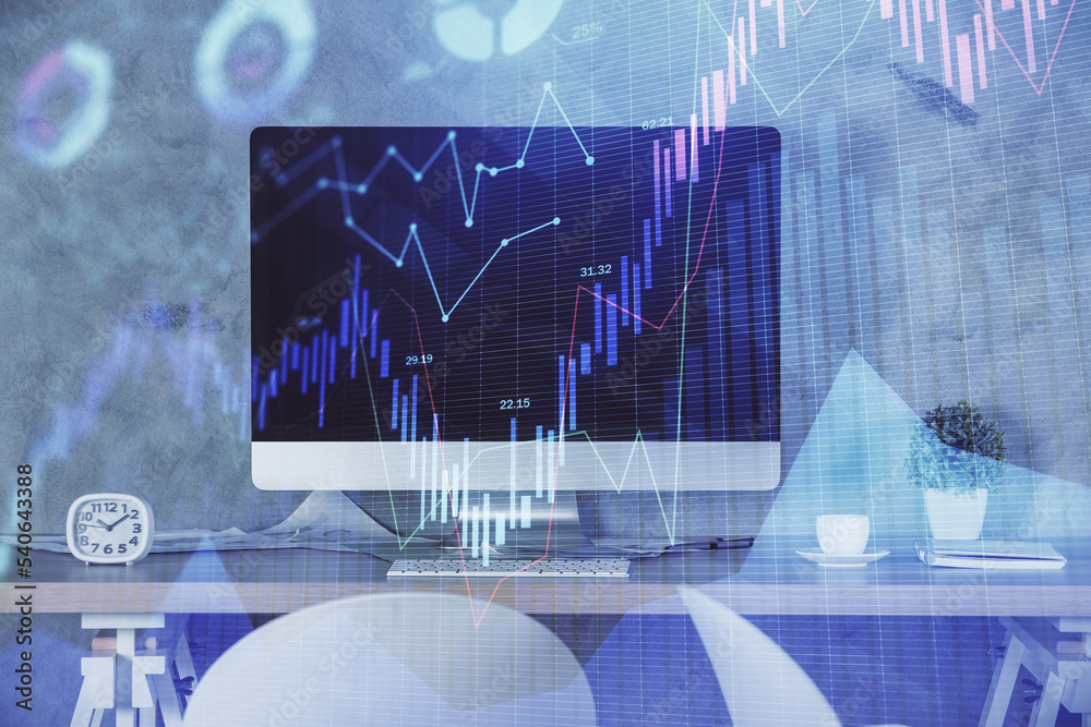 Multi exposure of financial graph drawing and office interior background. Concept of market analysis. Multi exposure of financial graph drawing and office interior background. Concept of market analysis.