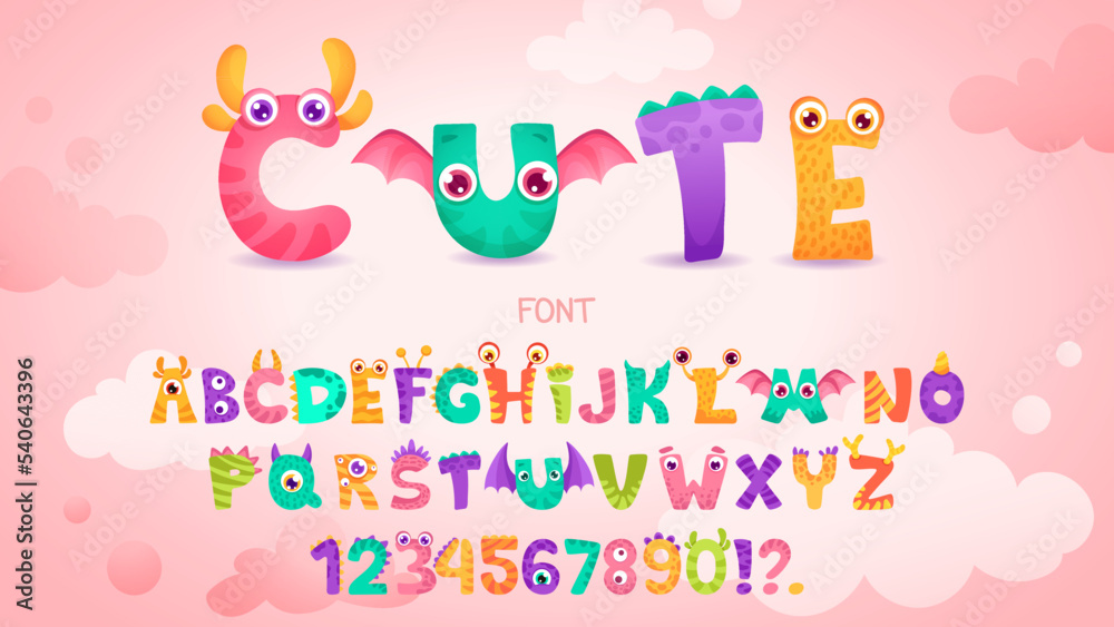 Little cute monster alphabet for baby design with funny cartoon letters for children. Kawaii font with numbers for invitation, greeting card, kindergarten banner. Vector hand drawn illustration.