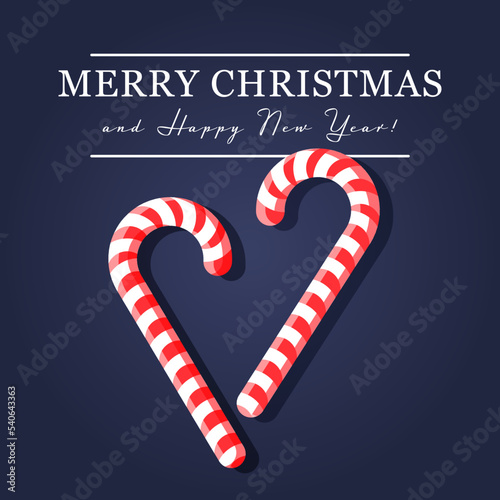 Candy cane heart. Christmas greeting card with dark blue, navy background. Happy new Year banner, poster. Vector illustration in flat style.