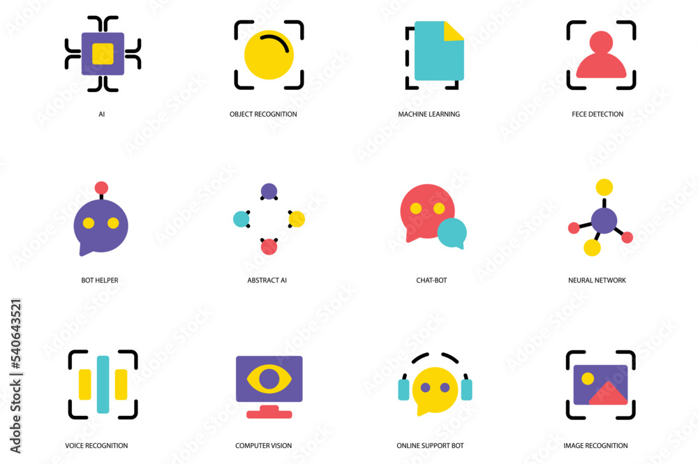 AI set of flat icons concept in the flat cartoon design. Set present images that are associated with artificial intelligence. Vector illustration.