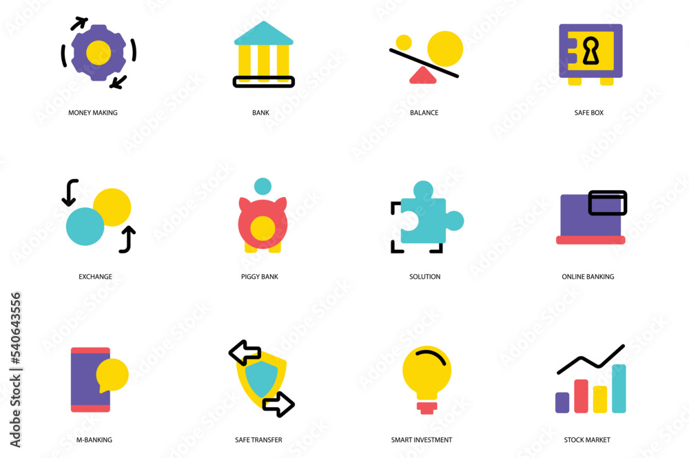 Banking and Finance set of flat icons concept in the flat cartoon design. Actions and functions that can be processed by the banking system. Vector illustration.