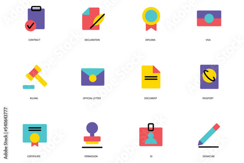 Legal Documents set of icons concept in the flat cartoon style. Different types of legal documents and methods of obtaining them. Vector illustration.