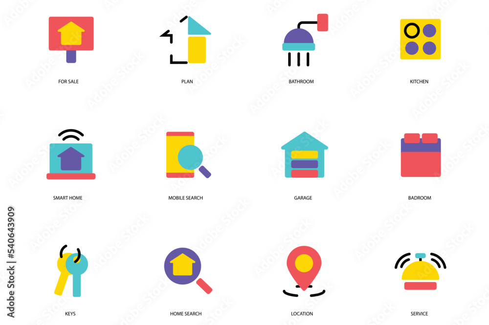 Real Estate set of icons concept in the flat cartoon design. Factors that need to be paid attention to when buying a home. Vector illustration. Real Estate set of icons concept in the flat cartoon design. Factors that need to be paid attention to when buying a home. Vector illustration.