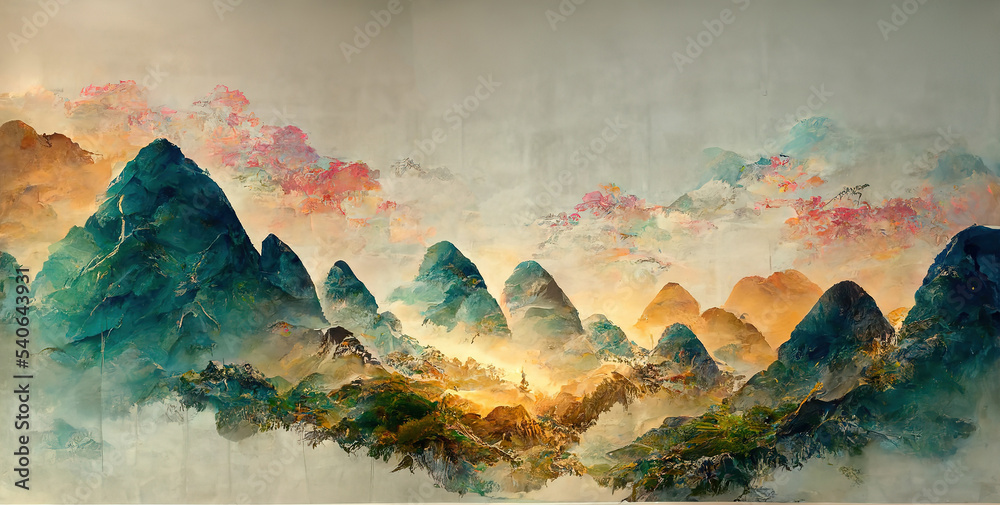 Premium Photo  Minimalistic mountain landscape with watercolor brush in  japanese traditional style wallpaper with abstract art for prints or covers  3d artwork