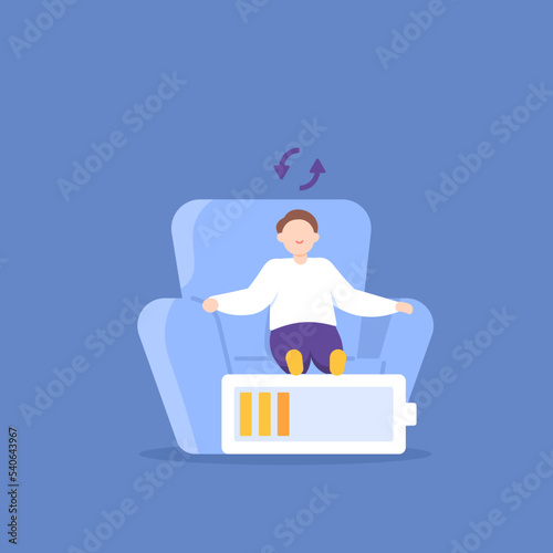 recharge energy. power refill. rest or recovery. tired and exhausted workers. an entrepreneur or employee recharges the battery because the energy is running low. idea filling process. illustration