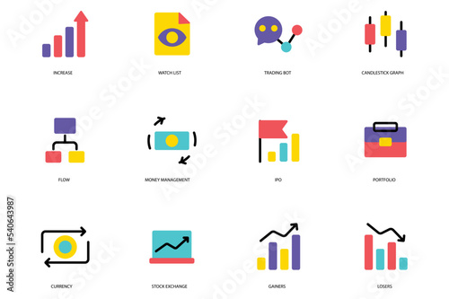Stock Quotes set of icons concept in the flat cartoon design. Different variable processes in stock and financial exchange. Vector illustration.