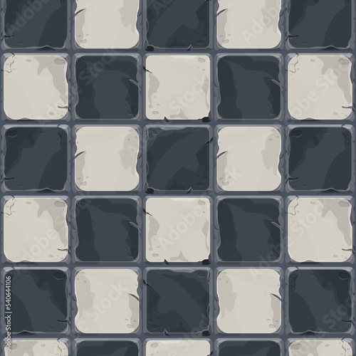 Chessboard black and white tile, bricks game background in cartoon style, seamless textured surface. Ui game asset, road or floor material