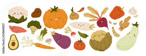 Cute vegetable characters with funny kawaii faces. Happy smiling healthy food set. Fun pumpkin, ginger, cauliflower and avocado. Kids flat graphic vector illustrations isolated on white background