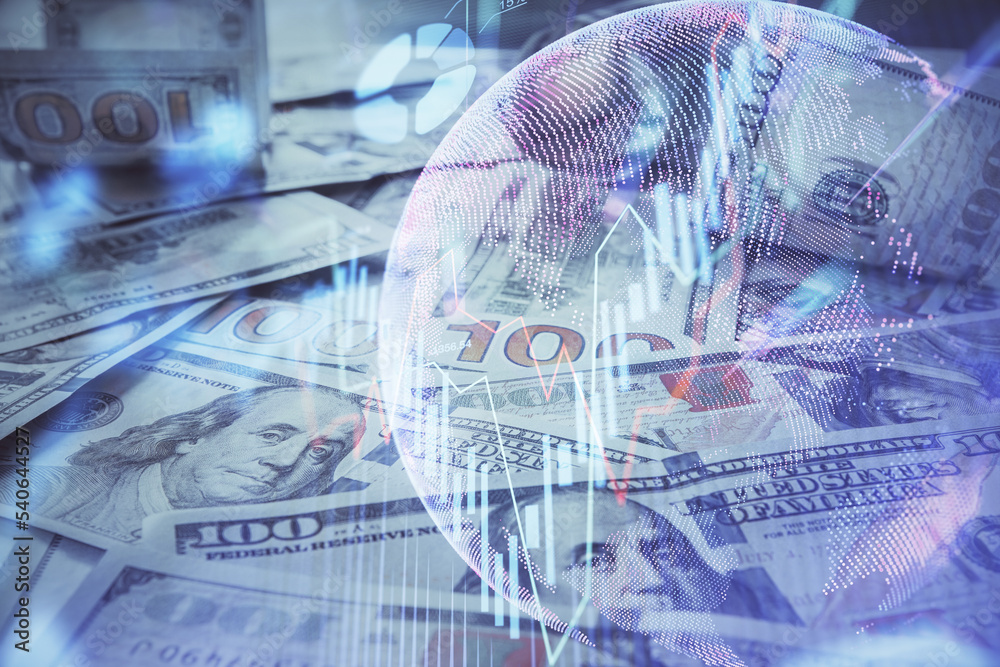 Multi exposure of forex chart drawing over us dollars bill background. Concept of financial success markets. Multi exposure of forex chart drawing over us dollars bill background. Concept of financial success markets.