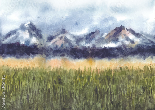 Nature landscape with mountains in watercolor painting