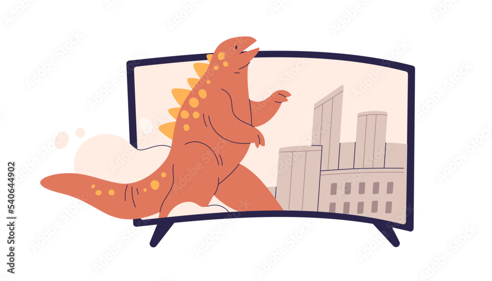3d movie with monster in apocalypse city. Fiction fantasy horror film on  screen with Godzilla. TV scene, picture with creepy fantastic reptile. Flat  vector illustration isolated on white background Stock Vector |