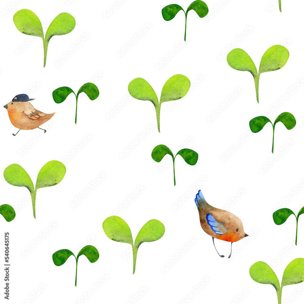 Watercolor hand drawn seamless pattern with green plants, birds and sprouts, isolated on white background. Design for cards, gift bags, invitations, textile, print, wallpaper, for children
