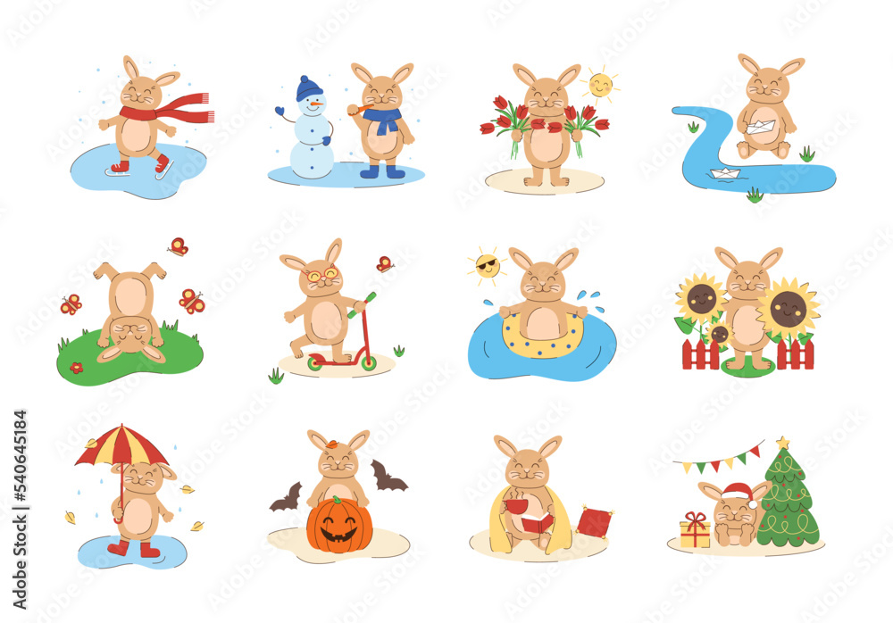 Naklejka premium Set of happy rabbits in different seasons: winter, spring, summer, autumn. Collection of cute cartoon bunnies. Vector flat illustration isolated on white background
