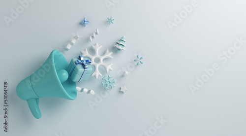 Winter decoration background with megaphone, balloon, snowflakes, gift box, copy space text, 3D rendering illustration