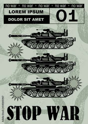Anti-nuclear war propaganda poster. No to War, Stop War. Set of vector illustrations. Engraving, ink style. Poster, cover, t-shirt print. Military tanks