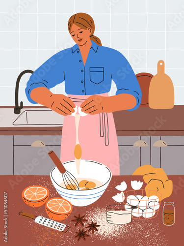 Woman cooking sweet cookie at home kitchen. Young girl preparing eggs in bowl, spices for homemade bakery, biscuits. Cook process, baking winter cake, Christmas dessert. Flat vector illustration