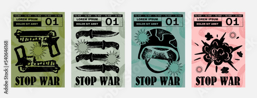 Anti-nuclear war propaganda poster. No to War, Stop War. Set of vector illustrations. Engraving, ink style. Poster, cover, t-shirt print. Military knife, helmet, pistol, gun, explosion